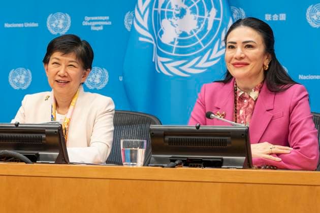 News Themen der Woche KW27 News Bilder des Tages July 1, 2024, New York, New York, United States: Under-Secretary-General Izumi Nakamitsu and Ambassador, President-designate of RevCon4 Maritza Chan-Valverde attend press briefing on the closing of RevCon4 at UN Headquarters in New York on July 1, 2024 New York United States - ZUMAr339 20240701_znp_r339_004 Copyright: xLevxRadinx