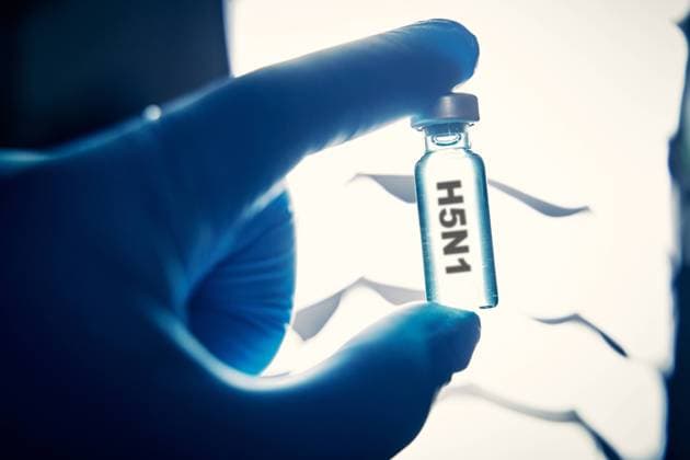 2 July 2024: Vial with the avian influenza H5N1 vaccine. Symbolic image of medical research and virology in the fight against influenza and pandemics. PHOTOMONTAGE *** Ampulle mit dem Vogelgrippe H5N1 Impfstoff. Symbolbild medizinischen Forschung und Virologie im Kampf gegen Influenza und Pandemien. FOTOMONTAGE