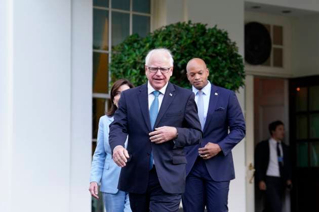 Governor Tim Walz (Democrat of Minnesota), chair of the Democratic Governors Association, center, Governor Wes Moore (Democrat of Maryland), right, and Governor Kathy Hochul (Democrat of New York) come out to speak to members of the media after their meeting with US President Joe Biden at the White House in Washington on July 3, 2024. Copyright: xYurixGripasx xPoolxviaxCNPx MediaPunchx