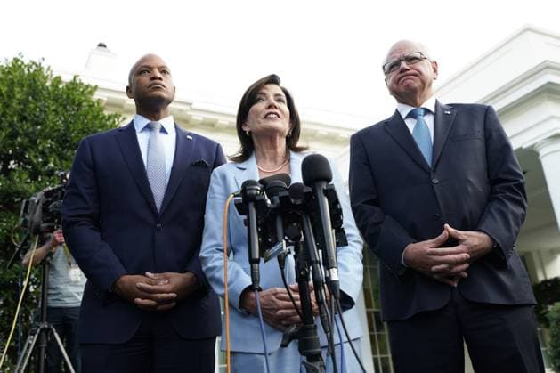 Governor Tim Walz (Democrat of Minnesota), Chair of the Democratic Governors Association, right, Governor Wes Moore (Democrat of Maryland), left, and Governor Kathy Hochul (Democrat of New York), center, speak to members of the media after their meeting with US President Joe Biden at the White House in Washington Featuring: Wes Moore, Kathy Hochul, Tim Walz Where: Washington, District of Columbia, United States When: 03 Jul 2024 Credit: Yuri Gripas POOL via CNP INSTARimages.com EDITORIAL USE ONLY. NOT FOR USE BY NEWSPAPERS BASED IN THE UK. Copyright: xx instar53920265