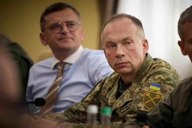 July 7, 2024, Odesa, Odessa Oblast, Ukraine: Ukrainian Armed Forces Commander Oleksandr Syrskyi, right, and Foreign Minister Dmytro Kuleba, left, during a bilateral meeting with a delegation from the Netherlands, July 7, 2024 in Odesa, Ukraine. Odesa Ukraine - ZUMAp138 20240707_zaa_p138_065 Copyright: xUkrainexPresidency UkrainianxPrex