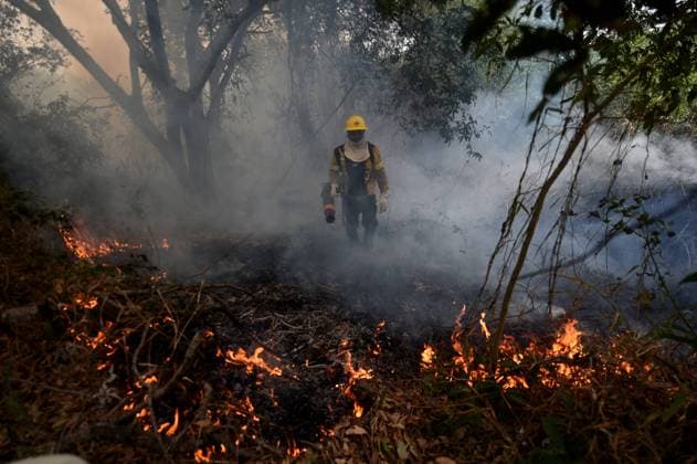 Bilder des Jahres 2024, News 07 Juli News Themen der Woche KW27 (240708) -- CORUMBA, July 8, 2024 -- A firefighter works to put out a fire along Paraguay River in Pantanal, in Corumba, Mato Grosso do Sul, Brazil, July 7, 2024. (Photo by Xinhua) BRAZIL-CORUMBA-PANTANAL WETLAND-FIRE LucioxTavora 