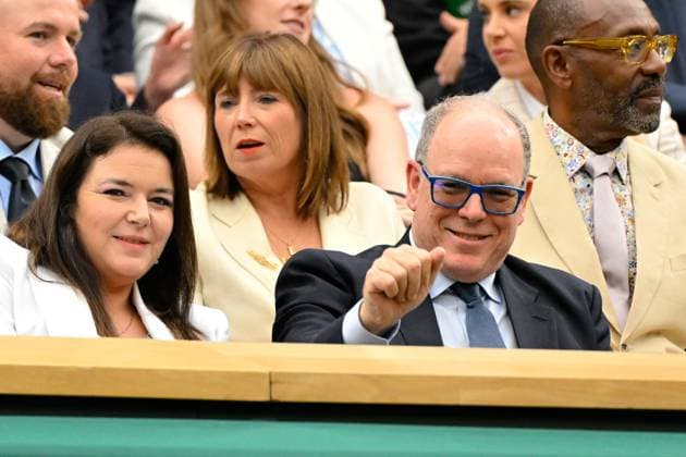 Tennis Wimbledon 2024 England Madame Melanie Antoinette de Massy president of the Monte Carlo Country Club and SAS Prince ALbert II of Monaco in the Royal Box Tennis Wimbledon 2024 England 08 07 2024 ChrysleneCaillaud Panoramic 