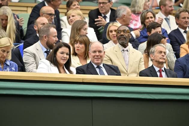 Tennis Wimbledon 2024 England Madame Melanie Antoinette de Massy president of the Monte Carlo Country Club and SAS Prince ALbert II of Monaco in the Royal Box Tennis Wimbledon 2024 England 08 07 2024 ChrysleneCaillaud Panoramic 