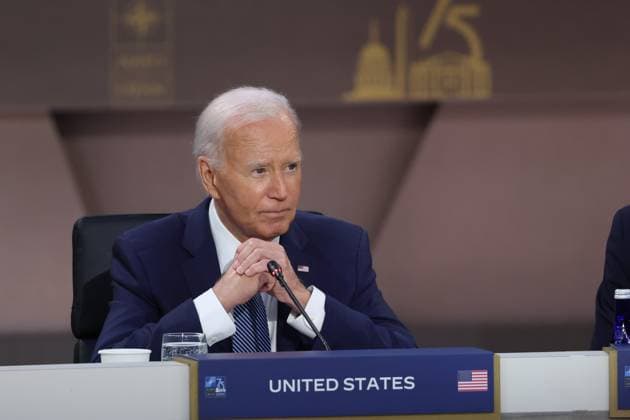 US President Joe Biden speaks during a working session at the NATO Summit in Washington, DC, US, on Wednesday, July 10, 2024. President Joe Biden and NATO s 31 other leaders had hoped their summit would celebrate fresh unity against Russia s Vladimir Putin, send a warning to China and prove the alliance is as strong as ever in its 75th year, but the three days of pageantry will be overshadowed by domestic turmoil across the alliance.  WAX20240710853 TingxShen