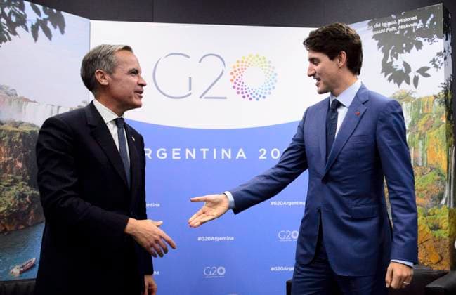 November 30, 2018, Buenos Aires, Argentina: Prime Minister Justin Trudeau meets with Bank of England governor Mark Carney at the G20 Summit in Buenos Aires, Argentina on November 30, 2018. Buenos Aires Argentina  - ZUMAc35_ 20181130_zaf_c35_251 Copyright: xSeanxKilpatrickx