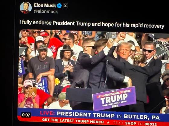 July 14, 2024, Butler, Pennsylvania, United States of America: Elon Musk endorses Donald Trump on X after Donald Trump was struck by gunfire during an assassination attempt was made on his life at a 2024 U.S. Presidential Election campaign rally in Butler Pennsylvania...President Donald Trump was grazed in the ear by a bullet in the from an alleged sniper from outside the MAGA campaign event perimeter from an elevated 1-story building. The U.S. Secret Service is reporting that two political supporters have been killed by gunfire and the alleged assailant was neutralized by law enforcement executive protection counter snipers. Authorities identified the assailant as a 20-year old man from Pennsylvania. Butler United States of America - ZUMAb177 20240714_aap_b177_042 Copyright: xTaidghxBarronx