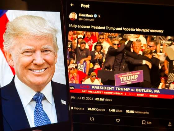 July 14, 2024, Butler, Pennsylvania, United States of America: Elon Musk endorses Donald Trump on X after Donald Trump was struck by gunfire during an assassination attempt was made on his life at a 2024 U.S. Presidential Election campaign rally in Butler Pennsylvania...President Donald Trump was grazed in the ear by a bullet in the from an alleged sniper from outside the MAGA campaign event perimeter from an elevated 1-story building. The U.S. Secret Service is reporting that two political supporters have been killed by gunfire and the alleged assailant was neutralized by law enforcement executive protection counter snipers. Authorities identified the assailant as a 20-year old man from Pennsylvania. Butler United States of America - ZUMAb177 20240714_aap_b177_060 Copyright: xTaidghxBarronx