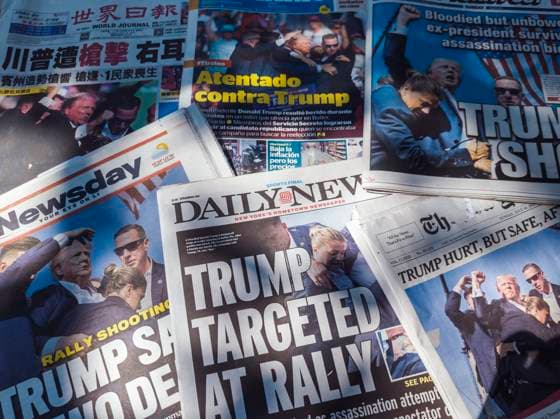 New York papers report on Trump attempted assassination Headlines of New York newspapers on Sunday, July 14, 2024 report on the previous days attempted assassination, allegedly by the now deceased 20-year-old Thomas Matthew Crooks, of former president Donald Trump during a campaign rally in Butler PA. (  RichardxB.xLevine