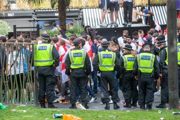 July 14, 2024, London, England, United Kingdom: Fans of England are seen in Leicester Square ahead of UEFA Euro 2024 final match against Spain. London United Kingdom - ZUMAs262 20240714_zip_s262_049 Copyright: xTayfunxSalcix