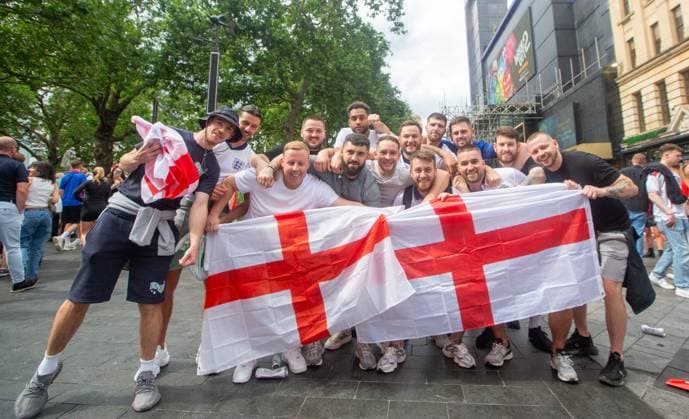 July 14, 2024, London, England, United Kingdom: Fans of England are seen in Leicester Square ahead of UEFA Euro 2024 final match against Spain. London United Kingdom - ZUMAs262 20240714_zip_s262_074 Copyright: xTayfunxSalcix