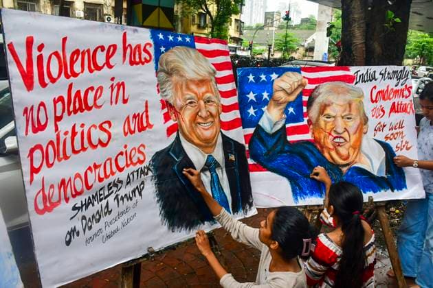 Students condemn attack on Donald Trump Mumbai: Gurukul students make paintings condemning the recent assassination attempt on former US president Donald Trump during his campaign rally, in Mumbai, Sunday, July 14, 2024. (PTI Photo) (PTI07_14_2024_000255B) Mumbai Maharashtra India  Copyright: x-x (PTI07_14_2024_000255B)