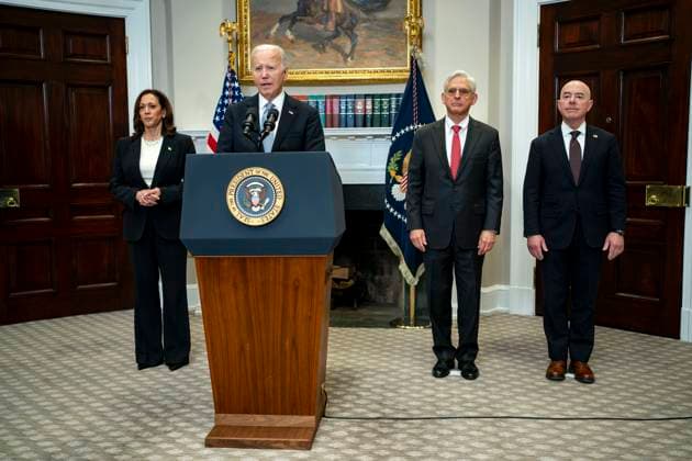 Vice President Kamala Harris, Attorney General Merrick Garland and Homeland Security Secretary Alejandro Mayorkas look on as President Joe Biden delivers remarks after former President Donald Trump was injured following a shooting at a July 13 election rally in Pennsylvania in the Roosevelt Room of the White House in Washington, DC on Sunday, July 14, 2024. The attack on Saturday killed one spectator at the scene and left two others critically injured.  WAP20240714309 BONNIExCASH