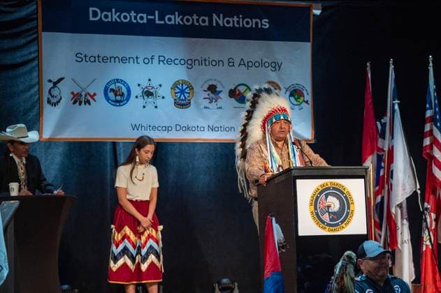 July 15, 2024, Whitecap Dakota Nation, Sk, Canada: Chief Donny Smoke, Dakota Plains, speaks during a ceremony where the Government of Canada delivered a formal apology to the 9 Dakota and Lakota First Nations in Canada in Whitecap Dakota Nation, Saskatchewan on Monday, July 15, 2024. Whitecap Dakota Nation Canada  - ZUMAc35_ 20240715_zaf_c35_043 Copyright: xLiamxRichardsx