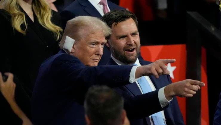 Former President Donald Trump and Vice President nominee JD Vance appear at the 2024 Republican National Convention at Fiserv Forum in Milwaukee, Wisconsin on Monday, July 15, 2024. The city of Milwaukee is hosting the 2024 Republican Convention which will run from July 15th through July 18th.  MIL2024071539 DAVIDxBANKS