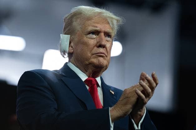 Former US President Donald J Trump makes an early appearance on the first night of the Republican National Convention in Milwaukee, Wisconsin at the Fiserv Forum on Monday, July 15, 2024. This is Trump™s first appearance since a rally in Pennsylvania, where he sustained injuries from an alleged bullet grazing his ear. Trump also named United States Senator JD Vance (Republican of Ohio) as his Vice Presidential running mate. Copyright: xAnnabellexGordonx xCNPx MediaPunchx