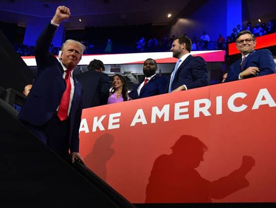 July 15, 2024, Milwaukee, Wi, USA: RNC 2024: Convention nominates DONALD TRUMP for President at the Fiserv Forum for the Republican National Convention in Milwaukee WI on July 15, 2024. He arrived with his ear bandaged from an injury during assassination attempt at a rally in PA. He sat in the box seat to listen to speakers. Milwaukee USA - ZUMAg208 20240715_aap_g208_034 Copyright: xCarolxGuzyx