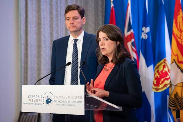 July 16, 2024, Halifax, Ns, Canada: Alberta Premier Danielle Smith, right, speaks to reporters with British Columbia Premier David Eby during meetings with Canada s other premiers at the Council of the Federation in Halifax on Tuesday, July 16, 2024. Halifax Canada  - ZUMAc35_ 20240716_zaf_c35_055 Copyright: xDarrenxCalabresex
