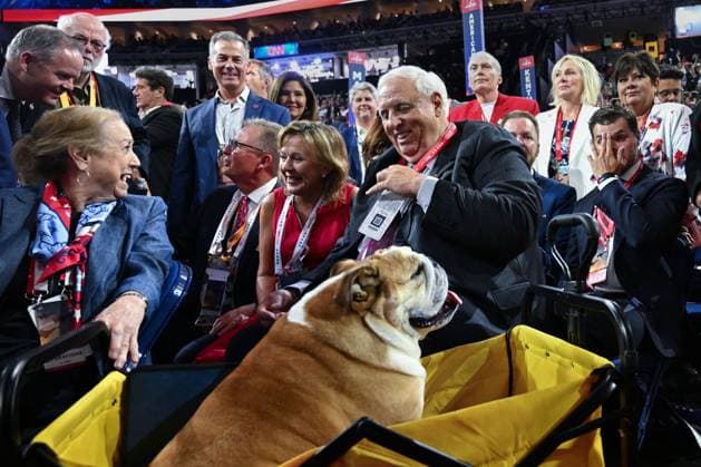 English Bulldog Babydog, owned by West Virginia Congressional candidate and Governor Jim Justice, is pushed in a wagon through the 2024 Republican National Convention at Fiserv Forum in Milwaukee, Wisconsin on Tuesday, July 16, 2024. The convention, which will run from July 15th through July 18th, takes place days after an attempted assassination of former President Donald Trump at a campaign rally in Pennsylvania on July 13.  MIL20240716322 MATTxMARTIN