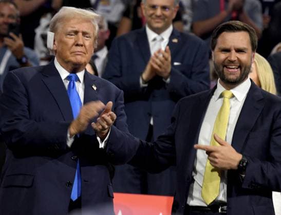July 16, 2024, Milwaukee, Wisconsin, USA: Republican presidential nominee DONALD J. TRUMP, left, and his vice presidential nominee JD VANCE as he is seated on the second day of the Republican National Convention at Fiserv Forum in Milwaukee, Wisconsin Tuesday July 16, 2024. Milwaukee USA - ZUMAh154 20240716_znp_h154_021 Copyright: xMarkxHertzbergx