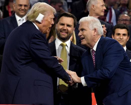 July 16, 2024, Milwaukee, Wisconsin, USA: Republican presidential nominee DONALD J. TRUMP, left, and his vice presidential nominee JD VANCE, center, and evangelist FRANKLIN GRAHAM on the second day of the Republican National Convention at Fiserv Forum in Milwaukee, Wisconsin Tuesday July 16, 2024. Milwaukee USA - ZUMAh154 20240716_znp_h154_022 Copyright: xMarkxHertzbergx