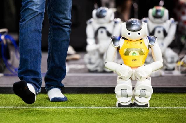 EINDHOVEN - Robot on the football field during a practice day in the run-up to the World Cup for Robots: RoboCup 2024. Universities and technology companies from all over the world show what their robots can do in various disciplines. ANP IRIS VAN DEN BROEK netherlands out - belgium out  Copyright: xx x503647580x originalFilename: 503647580.jpg
