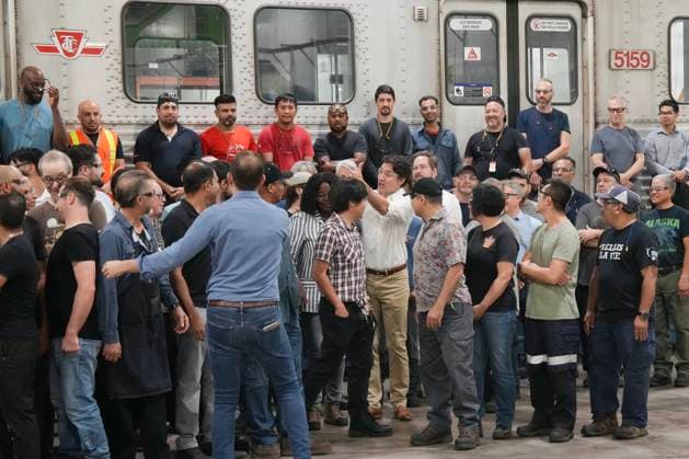 July 17, 2024, Toronto, On, CAN: Prime Minister Justin Trudeau helps organize a photo opportunity as he prepares to pose with employees during a visit to a Toronto Transit Commission yard in Toronto, on Wednesday, July 17, 2024. Toronto CAN  - ZUMAc35_ 20240717_zaf_c35_023 Copyright: xChrisxYoungx