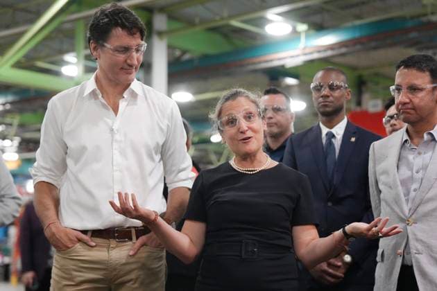 July 17, 2024, Toronto, On, CAN: Deputy Prime Minister and Minister of Finance Chrystia Freeland stands next to Prime Minister Justin Trudeau (left) as she speaks to employees during a visit to a Toronto Transit Commission yard in Toronto, on Wednesday, July 17, 2024. Toronto CAN  - ZUMAc35_ 20240717_zaf_c35_029 Copyright: xChrisxYoungx