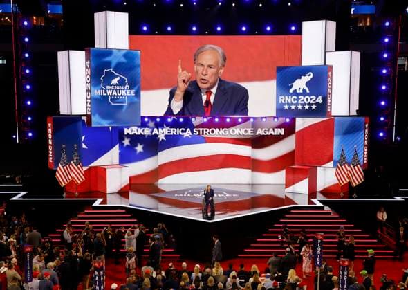Texas Gov. Greg Abbott speaks at the 2024 Republican National Convention at Fiserv Forum in Milwaukee, Wisconsin on Wednesday, July 17, 2024. The third day of the convention is expected to focus on national security and foreign policy.  MIL20240717737 TANNENxMAURY