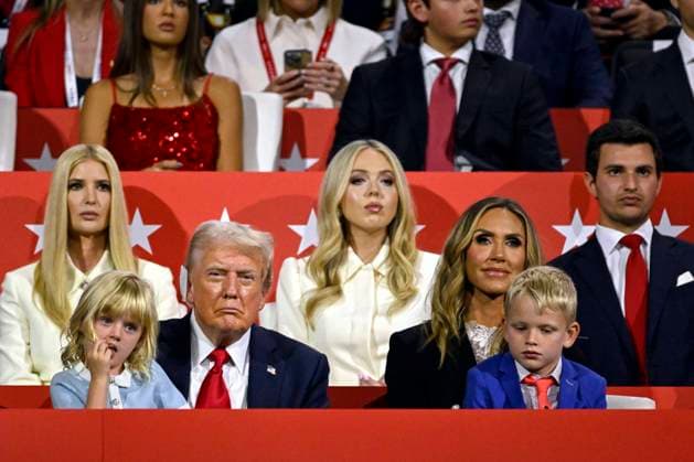 (L-R) Ivanka Trump, Carolina Dorothy Trump, former President Donald Trump, Tiffany Trump, Lara Trump, Eric Luke Trump, and Donald John III look on during the 2024 Republican National Convention at Fiserv Forum in Milwaukee, Wisconsin on Thursday, July 18, 2024. The theme of the final day is Make America Great Once Again, with former President Donald Trump as the featured speaker.  MIL20240718333 MATTxMARTON
