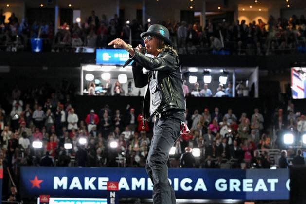 American Singer Kid Rock preforms during the 2024 Republican National Convention at Fiserv Forum in Milwaukee, Wisconsin on Thursday, July 18, 2024. The theme of the final day is Make America Great Once Again, with former President Donald Trump as the featured speaker.  MIL20240718337 MATTxMARTON