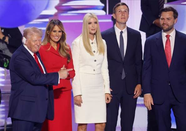 Republican Presidential nominee and former President Donald Trump, his wife Melania stand on the stage with daughter Ivanka Trump and her husband Jared Kushner, and Republican Vice Presidential nominee Sen. JD Vance at the close of the 2024 Republican National Convention at Fiserv Forum in Milwaukee, Wisconsin on Thursday, July 18, 2024.  MIL20240718935 TANNENxMAURY