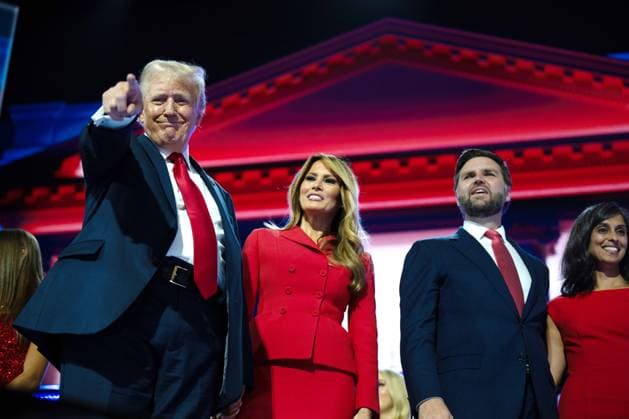 Former US President Donald J Trump speaks at the Republican National Convention in Milwaukee, Wisconsin at the Fiserv Forum on Thursday, July 18, 2024. Monday night was Trump™s first appearance since a rally in Pennsylvania, where he sustained injuries from an alleged bullet grazing his ear. Trump recounted the story in his speech, and also talked about Biden, immigration, and other topics. Copyright: xAnnabellexGordonx xCNPx MediaPunchx