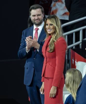 Former first lady Melania Trump arrives as United States Senator JD Vance (Republican of Ohio), the 2024 Republican nominee for Vice President of the US, looks on during day four of the 2024 Republican National Convention at the Fiserv Forum in Milwaukee, Wisconsin. Featuring: Melania Trump, JD Vance Where: Milwaukee, Wisconsin, United States When: 18 Jul 2024 Credit: Ron Sachs CNP for NY Post INSTARimages **NO Daily Mail. NO New York or New Jersey Newspapers.** EDITORIAL USE ONLY. NOT FOR USE BY NEWSPAPERS BASED IN THE UK. Copyright: xRonxSachs CNPxforxNYxPostx instar53966956