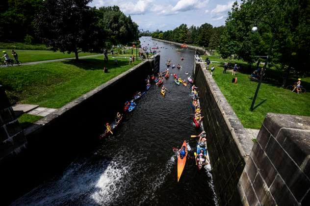 July 20, 2024, Ottawa, On, CAN: Paddlers re-enter the locks at Hartwells Lockstation during Lock & Paddle 2024 on the Rideau Canal in Ottawa, on Saturday, July 20, 2024. A flotilla of canoes and kayaks descended and ascended the locks to celebrate Parks Day on the Rideau Canal, a UNESCO World Heritage site. Ottawa CAN  - ZUMAc35_ 20240720_zaf_c35_030 Copyright: xJustinxTangx