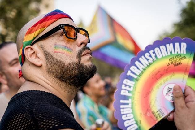 Bilder des Jahres 2024, News 07 Juli News Themen der Woche KW 29 News Bilder des Tages Pride parade in Barcelona, Spain - 20 Jul 2024 A man with the rainbow flag painted on his face seen during the march. People marched through the city center streets, demanding more rights for the LGTBIQ+ community. Barcelona Spain Copyright: xDavidexBonaldox xSOPAxImagesx DBONALDO-01608