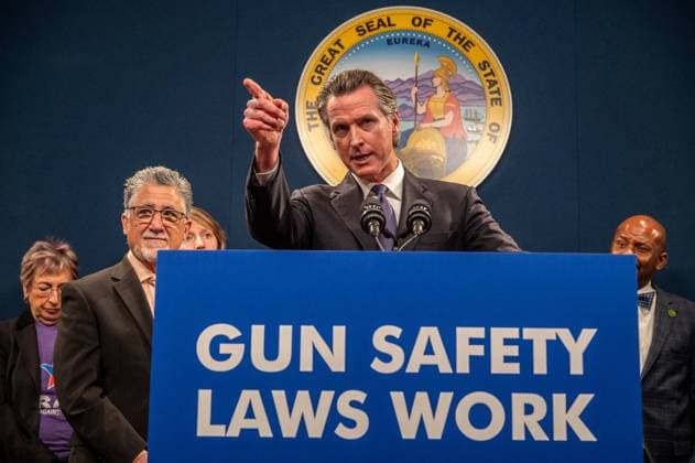 February 1, 2023, Sacramento, California, USA: California State Governor GAVIN NEWSOM answers questions at a press conference to push for the passing of Senate Bill 2 to strengthen the state s concealed carry gun law. SB 2 would update the state s concealed carry licensing process, add new age restrictions, impose strict gun storage and training mandates and limit where permit holders could carry firearms in public. Sacramento USA - ZUMAConf 20230201_zap_by1_001 Copyright: xRenÃ exC.xByerx