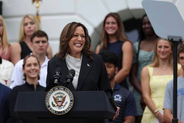 US Vice President Kamala Harris speaks on the South Lawn of the White House in Washington, DC on Monday, July 22, 2024. The vice presidents first task in formally securing the Democratic presidential nomination will be to corral her former congressional colleagues, newly emboldened after a successful pressure campaign to force their party s leader, Joe Biden, off the 2024 ballot.  WAX20240722828 TingxShen