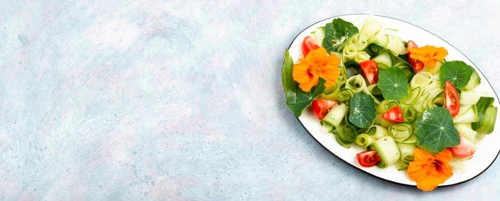 Fresh dietary salad with vegetables and edible nasturtium. Copy space.. Vegetable salad with nasturtium, diet food. ,model released, Symbolfoto
