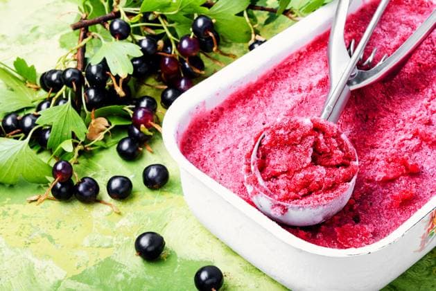 Summer ice cream from black currant berries.Berry sorbet. Delicious berry ice cream ,model released, Symbolfoto