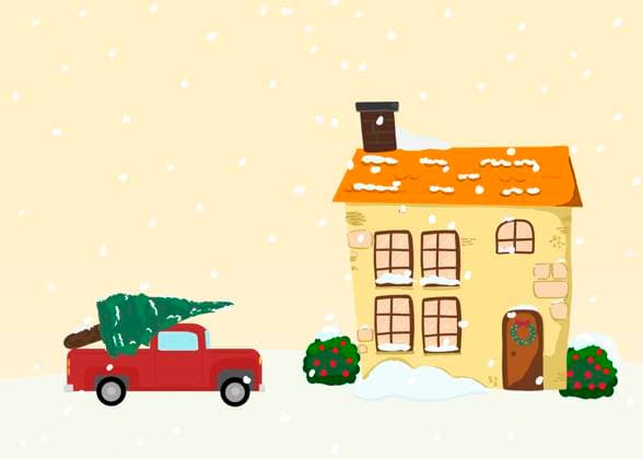 Illustration of car with freshly cut tree standing in front of house, FLMF01279