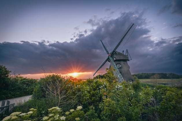 Germany, Schleswig-Holstein, Gelting, Bushes in front of rustic windmill at sunset, KEBF02948