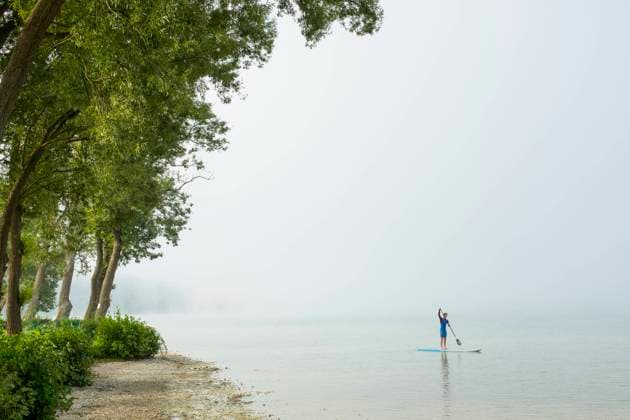 Man paddleboard on lake in foggy weather model released, Symbolfoto, PNEF03464