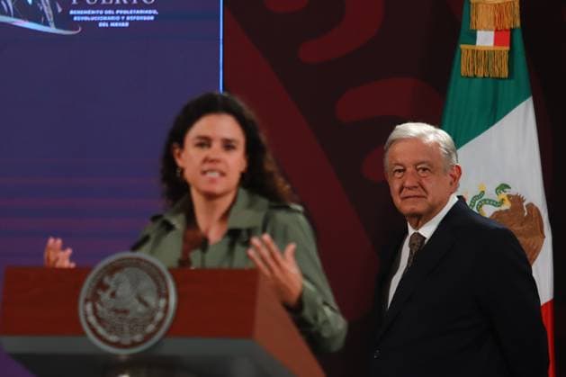 Mexican President Lopez Obrador Briefing Mexico™s President Andres Manuel Lopez Obrador is seen behind while Minister of the Interior Luisa Maria Alcalde Lujan speaking during a briefing conference at National Palace where talk about the Morena s overrepresentation in the Mexican Congress. on July 24, 2024 in Mexico City, Mexico. (Photo by Carlos Santiago Eyepix Group) Copyright: xCarlosxSantiago xEyepixxGroupx CS_24072024_126429