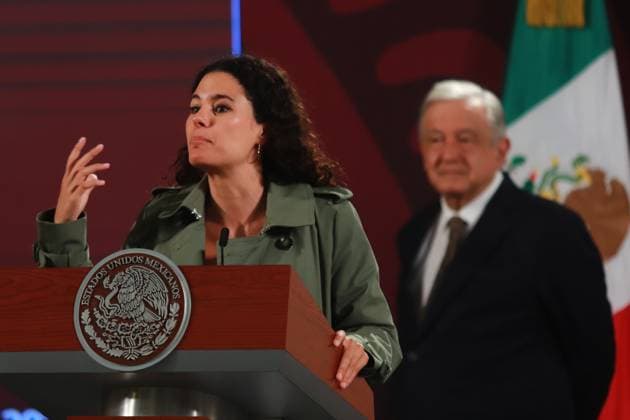 Mexican President Lopez Obrador Briefing Mexico™s President Andres Manuel Lopez Obrador is seen behind while Minister of the Interior Luisa Maria Alcalde Lujan speaking during a briefing conference at National Palace where talk about the Morena s overrepresentation in the Mexican Congress. on July 24, 2024 in Mexico City, Mexico. (Photo by Carlos Santiago Eyepix Group) Copyright: xCarlosxSantiago xEyepixxGroupx CS_24072024_126427
