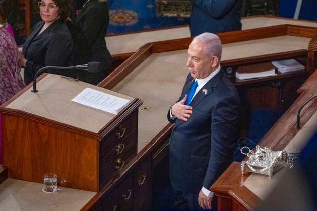 Bilder des Jahres 2024, News 07 Juli News Themen der Woche KW 30 News Bilder des Tages Israeli Prime Minister Benjamin Netanyahu addresses a joint meeting of Congress on Capitol Hill in Washington, DC on Wednesday, July 24, 2024. Netanyahu is seeking bipartisan support for Israel just days after President Joe Biden announced he would end his re-election bid.  WAS20240724531 KenxCedeno