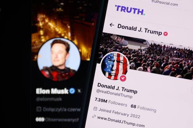 USA Elections And Social Media Photo Illustrations Elon Musk account on X displayed on a laptop screen and Donald Trump account on Truth displayed on a phone screen are seen in this illustration photo taken in Poland on July 24, 2024. SuÅ‚kowice Poland  Copyright: xJakubxPorzyckix originalFilename: porzycki-usaelect240724_nptLf.jpg
