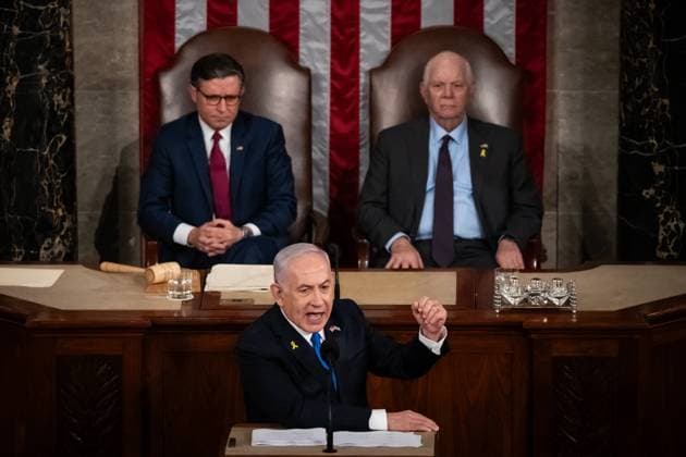 Netanyahu addresses joint session of Congress Israeli Prime Minister Benjamin Netanyahu delivers a controversial address to a joint session of Congress in Washington, DC, July 24, 2024. Traditionally presiding over joint sessions, Vice President Kamala Harris and Senate Democratic leaders declined to serve in that role for Netanyahu™s speech, and many members of Congress boycotted the session. Millions of Americans object to the nature of Israel™s response to the killing of 1200 of its citizens by Hamas on October 7, 2023. Israel™s retaliation has killed more than 38,000 Palestinians, injured more than 88,000, and displaced roughly 1.9 million, according to the United Nations. Washington DC United States Copyright: xAllisonxBaileyx