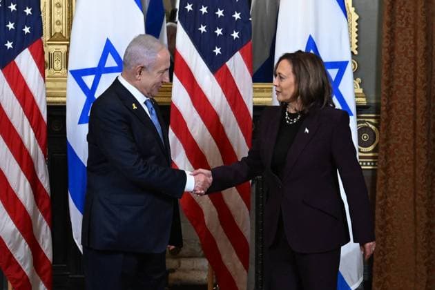 Israel Prime Minister Benjamin Netanyahu meets with U.S. Vice President Kamala Harris at the White House in Washington, DC on July 25, 2024. Pool photo by Kenny Holston  WAX202407258212 KennyxHolston