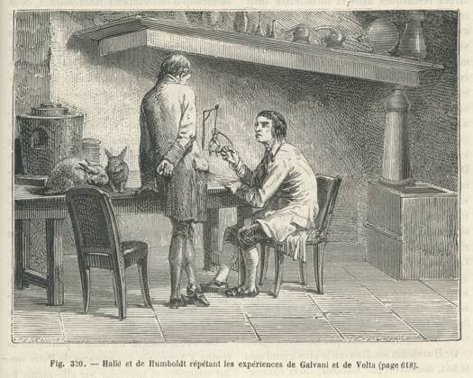 The wonders of science HallÃ© and Alexander von Humboldt repeating the experiments of Italian physicists Luigi Galvani and Alessandro Volta on the contraction of a muscle stimulated by an electric current. 19th century Illustration from Les Merveilles de la science ou description populaire des inventions modernes written by Louis Figuier and published in 1867 by Furne, Jouvet et Cie. Copyright: xPhoto12x COM23A01054 !ACHTUNG AUFNAHMEDATUM GESCHÃ„TZT!